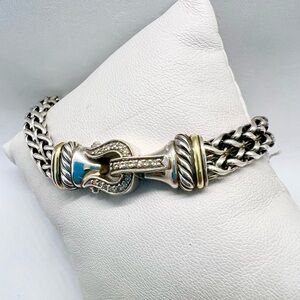 David Yurman Sterling Silver 18K Gold Diamond Buckle Wheat Chain Bracelet